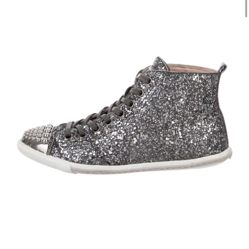 Miu Miu Women's Glitter Studded Sneakers - Silver and Gray
